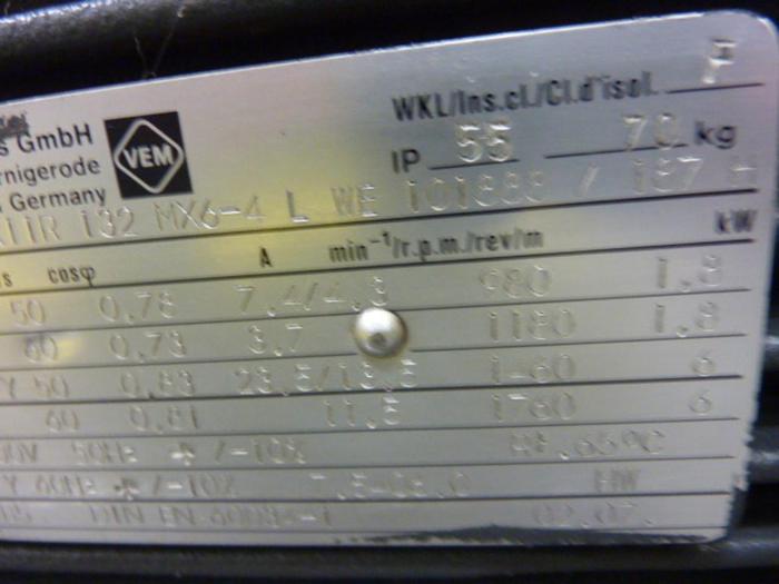 Used VEM 2.4/8 HP Motor K11R 132 MX6-4 L WE #65951