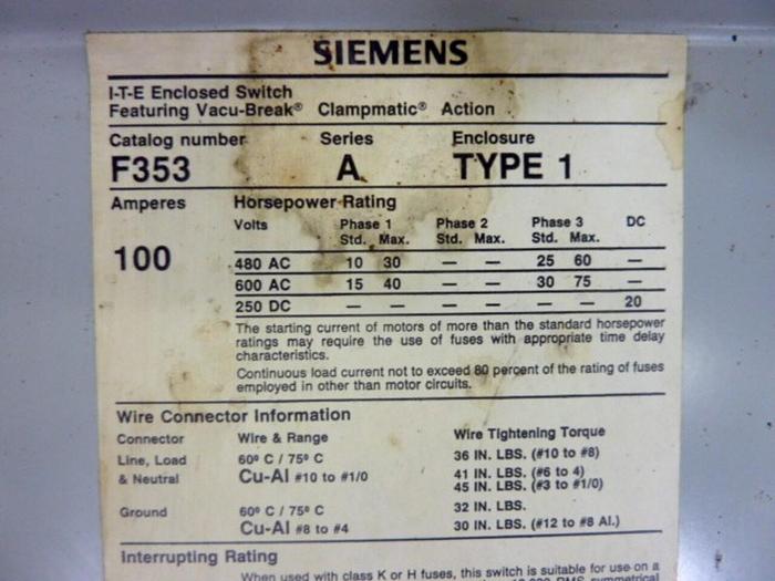 Used ITE IMPERIAL Vacu-Break Switch F353 #67491