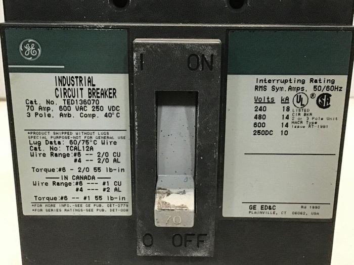 Used GENERAL ELECTRIC / GE 70 Amp Circuit Breaker TED136070 Used