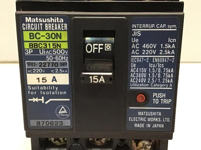 Used MATSUSHITA 15 Amp Circuit Breaker BC-30N-15-3P USED
