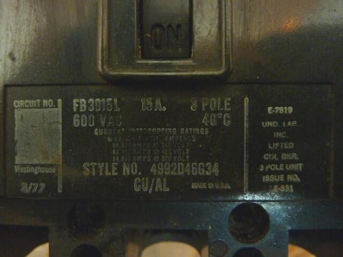 Used WESTINGHOUSE 15 Amp Circuit Breaker FB3015L #28440
