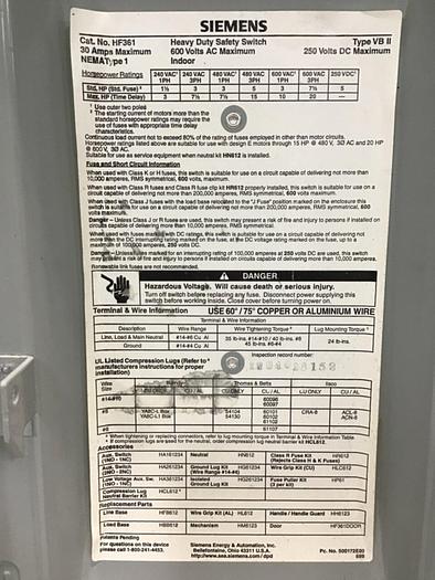 Used SIEMENS 30 Amp Disconnect Switch HF361 #130226