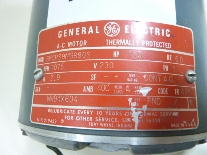 Used GENERAL ELECTRIC / GE 1/3 HP Motor 5KCP39MG89OS #44512