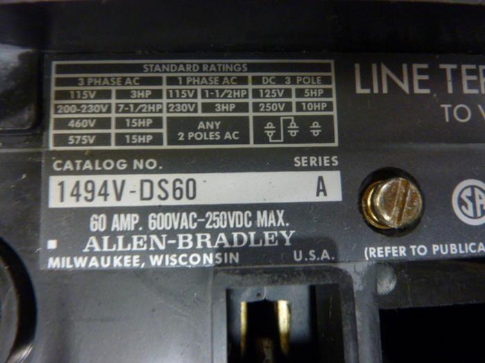 Used ALLEN BRADLEY 60 Amp Disconnect Switch 1494V-DS60 SER A #57447