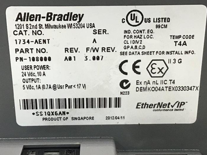 Used ALLEN BRADLEY Ethernet Adapter Module 1734-AENT SER A #134213