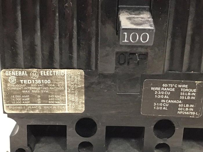 Used GENERAL ELECTRIC / GE 100 Amp Circuit Breaker TED136100 #123137