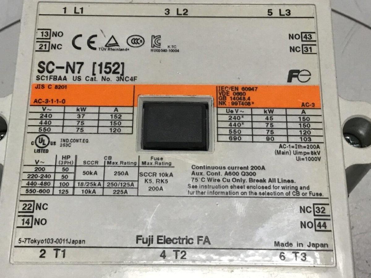 Used FUJI ELECTRIC Contactor SC-N7 3NC4F #120110