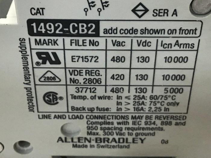 Used ALLEN BRADLEY Circuit Breaker 6 Amp 1492-CB2/G060 SER A Used