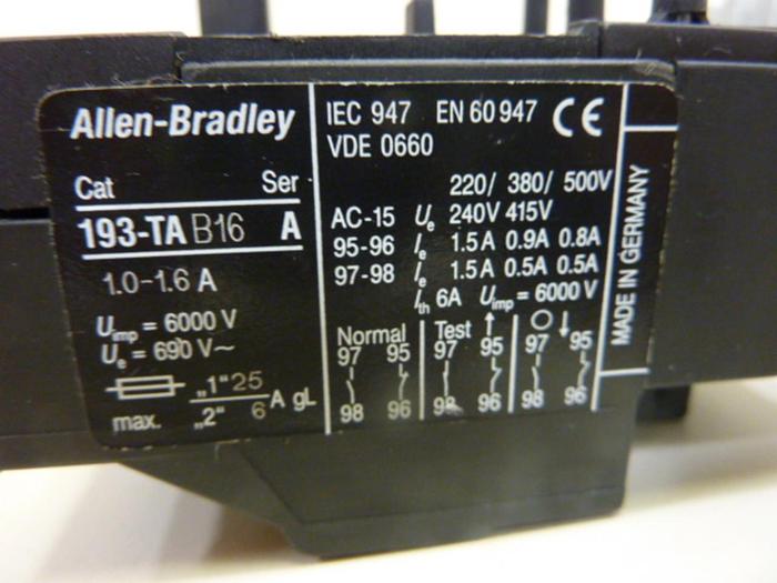Used ALLEN BRADLEY Overload Relay 193-TAB16 SER A #44113