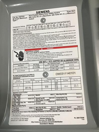 Used SIEMENS 30 Amp Safety Disconnect Switch HNF361 VBII #137848
