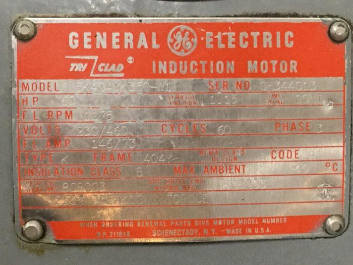 Used GENERAL ELECTRIC 60 HP Motor 5K404YK350-W1 Used