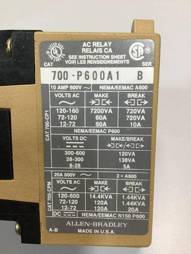 Used ALLEN BRADLEY Relay 700-P600A1 SER B #93017