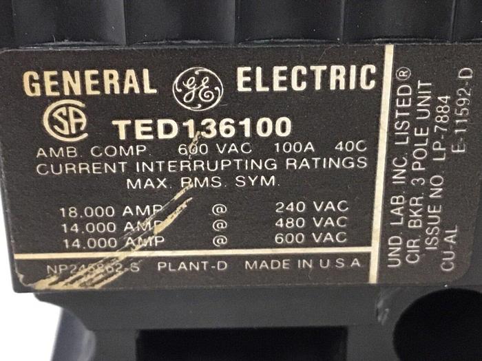 Used GENERAL ELECTRIC / GE 100 Amp Circuit Breaker TED136100 Used