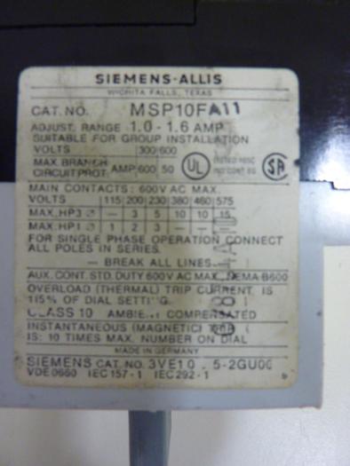Used SIEMENS Motor Starter MSP1 0FA11 #55925