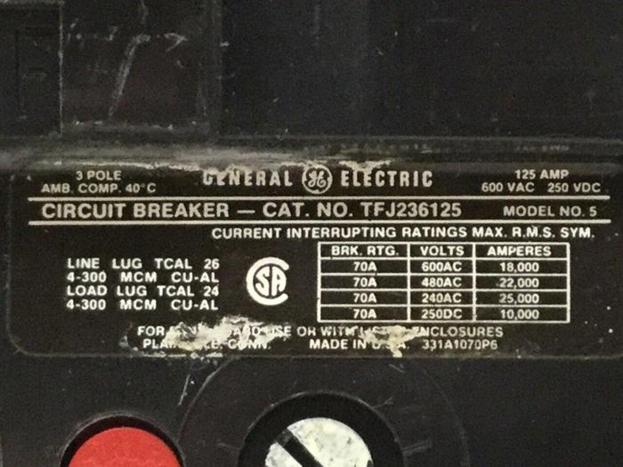 Used GENERAL ELECTRIC / GE 125 Amp Circuit Breaker TFJ236125 Used