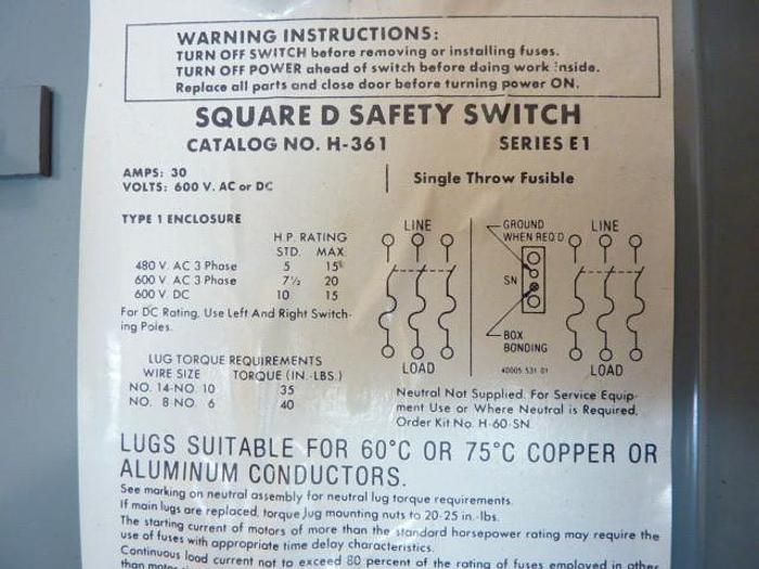 Used SQUARE D 30 Amp Safety Disconnect Switch H361 E1 Used