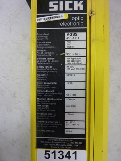 Used SICK OPTIC ELECTRONIC Light Curtain Sender AGSS 450-1111 #51341