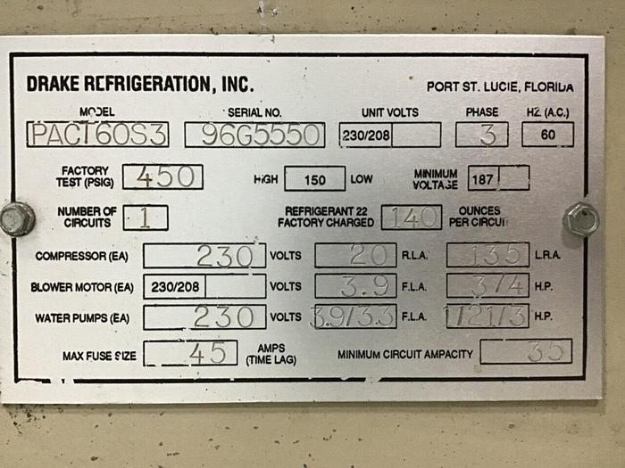 Used DRAKE Air Cooled Chiller PACT60S3 Used