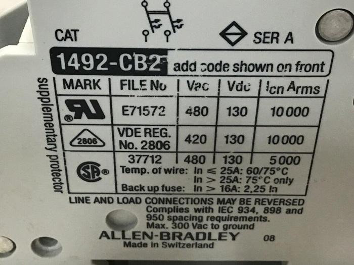 Used ALLEN BRADLEY Circuit Breaker 6 Amp 1492-CB2/G060 SER A #119619