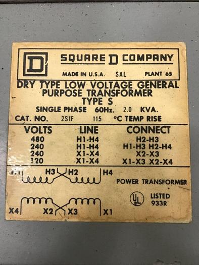 Used SQUARE D 2 kVA Transformer 2S1F #139039