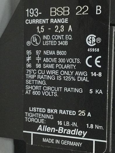 Used ALLEN BRADLEY Overload Relay 193-BSB 22 SER B #109792