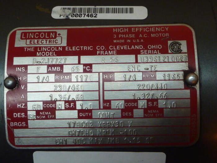 Used LINCOLN ELECTRIC 1/4 HP AC Motor D-2J7727 Used