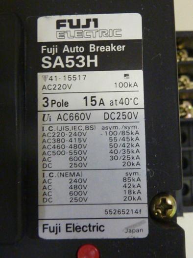 Used FUJI ELECTRIC 15 Amp Circuit Breaker SA53H-15 #46827