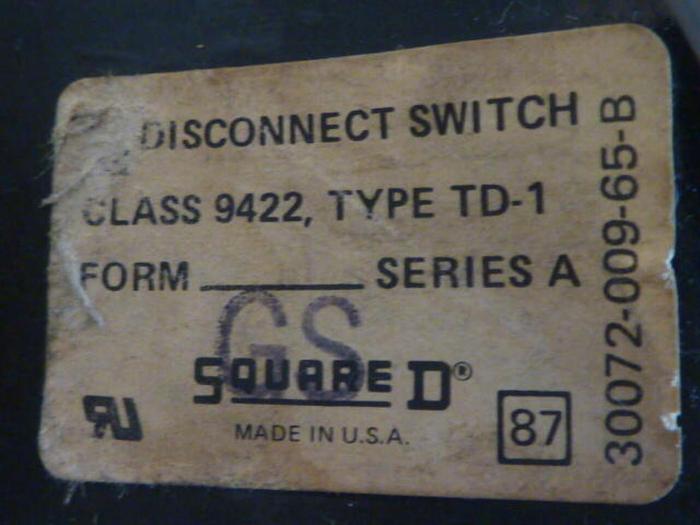 Used SQUARE D Disconnect Switch 9422-TD-1 #30917