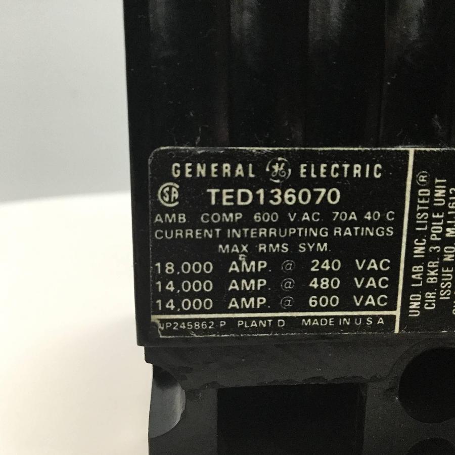 Used GENERAL ELECTRIC / GE 70 Amp Circuit Breaker TED136070 Used