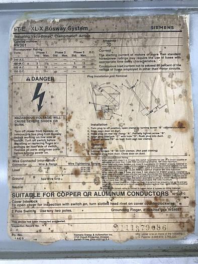 Used SIEMENS 30 Amp Switch XL-X RV361 #137253