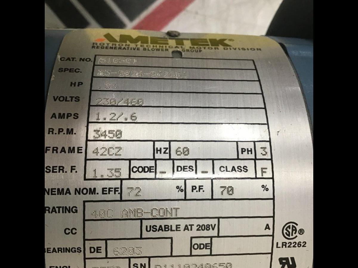 Used AMETEK .33 HP Motor 510501 #132830