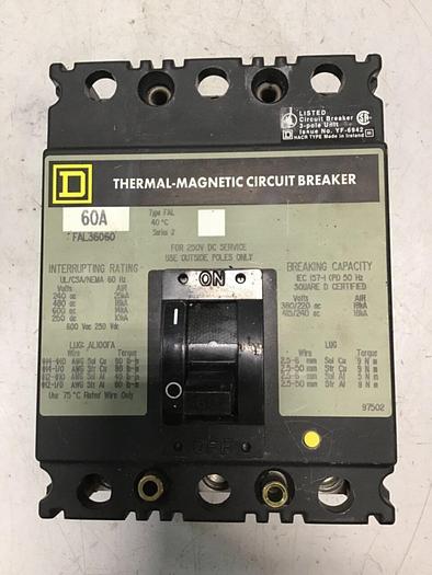 Used SQUARE D 60 Amp Circuit Breaker FAL36060 / SWITCH #138658