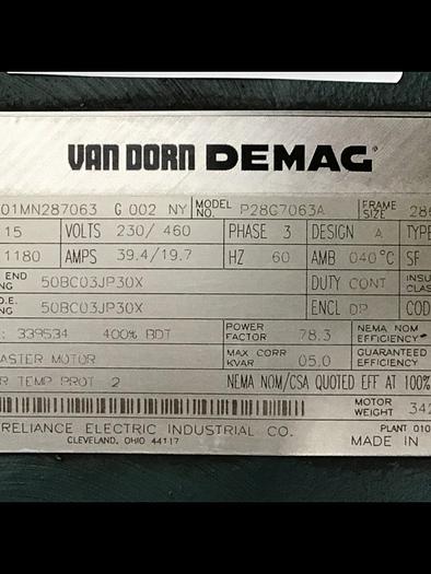 Used RELIANCE ELECTRIC Van Dorn Demag 15 HP Motor P28G7063A Used