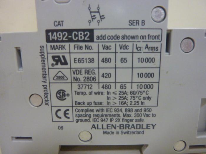 Used ALLEN BRADLEY 5 Amp Circuit Breaker 1492-CB2/G050 SER B #79641