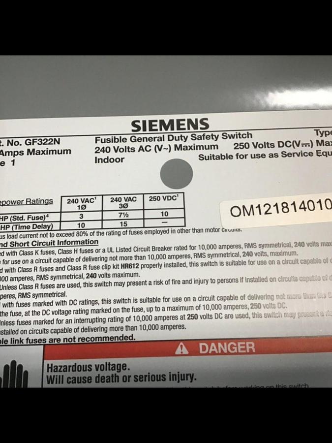 Used SIEMENS General Duty Safety Disconnect Switch GF322N VBII USED