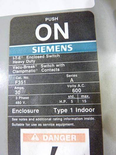 Used SIEMENS 30 Amp Disconnect Switch F351 #42994