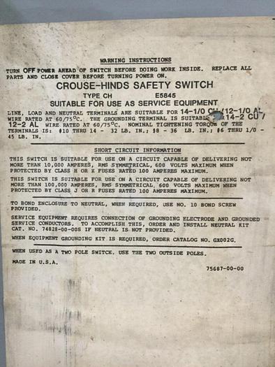 Used SQUARE D 100 Amp Safety Switch HU363 #107896