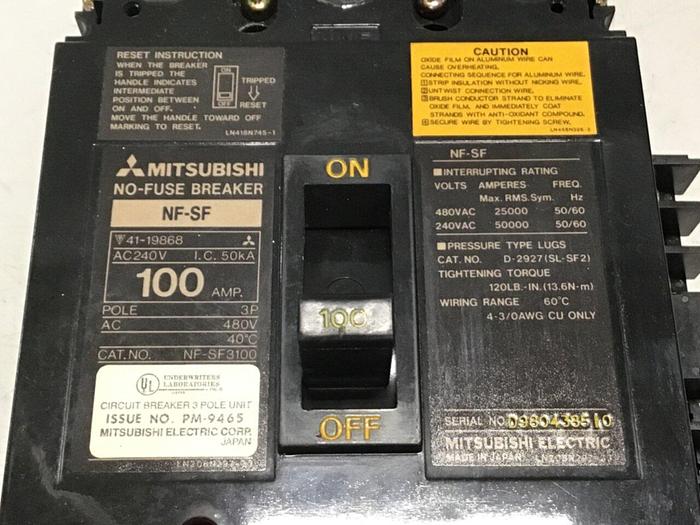 Used MITSUBISHI 100 Amp Circuit Breaker NF-SF3100 USED