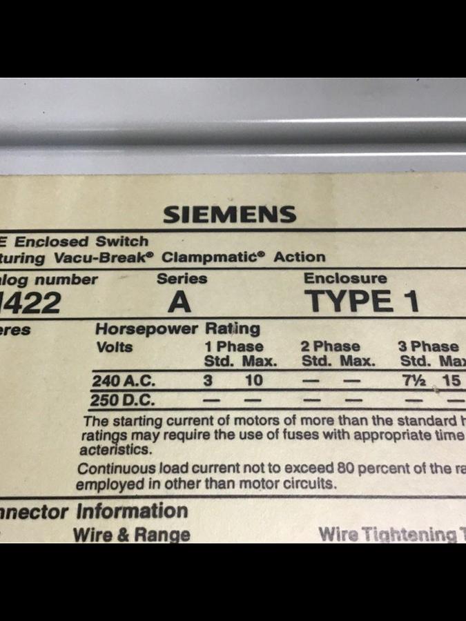 Used SIEMENS 60 Amp I-T-E Disconnect Switch JN422 USED
