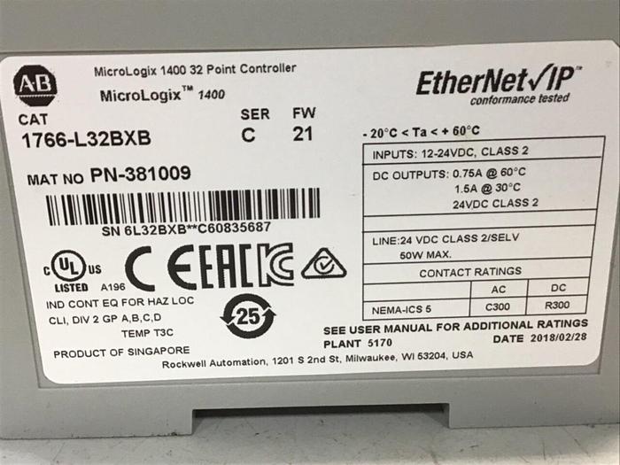 Used ALLEN BRADLEY Controller 1766-L32BXB SER C Used