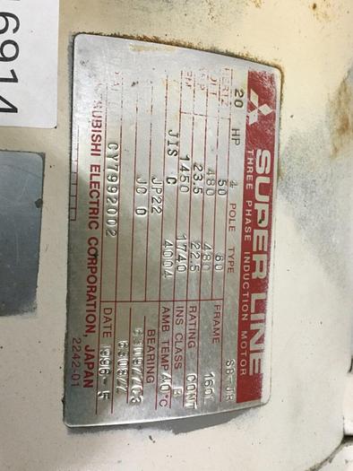 Used MITSUBISHI 20 HP Induction Motor SB-JR 20 HP #116914