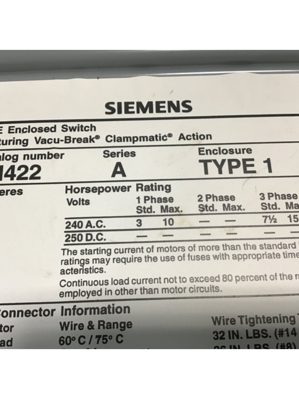 Used SIEMENS 60 Amp I-T-E Disconnect Switch JN422 USED