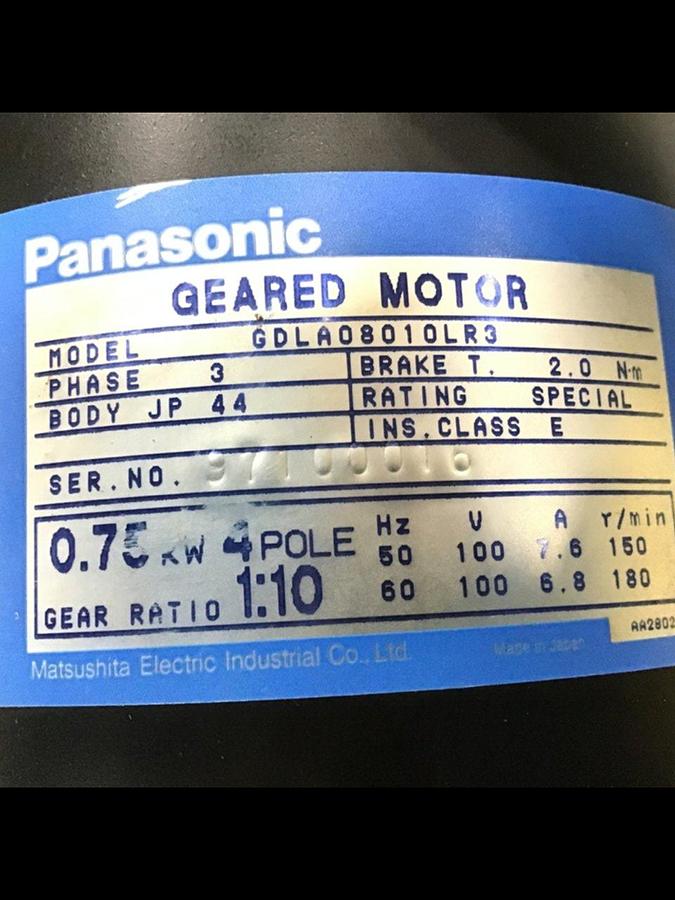 Used PANASONIC 0.75 kW Geared Motor GDLA08010LR3 #126953