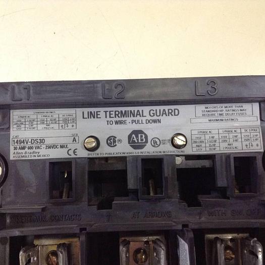 Used ALLEN BRADLEY 30 Amp Disconnect Switch 1494V-DS30 SER A #85302