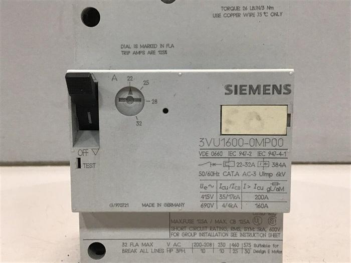 Used SIEMENS Motor Starter 3VU1600-0MP00 #114500