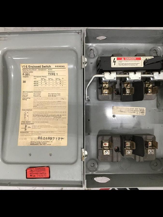 Used SIEMENS 30 Amp ITE Heavy Duty Vacu-Break F-351 USED