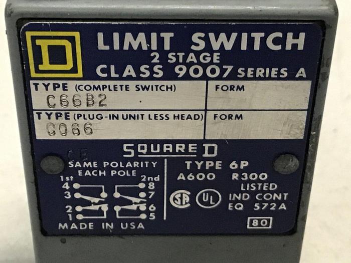 Used SQUARE D Limit Switch 9007-C66B2 #121956