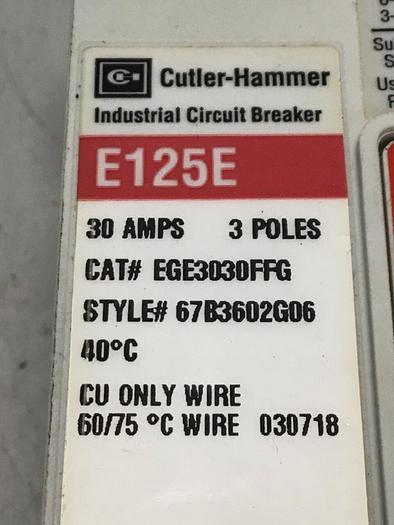 Used CUTLER HAMMER 30 Amp Circuit Breaker EGE3030FFG #135125
