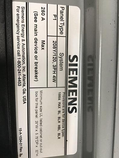 Used SIEMENS 250 Amp Breaker Box P1X18MC250A #137026