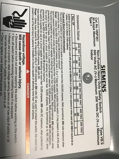 Used SIEMENS 30 Amp Safety Disconnect Switch HNF361 VBII #65445